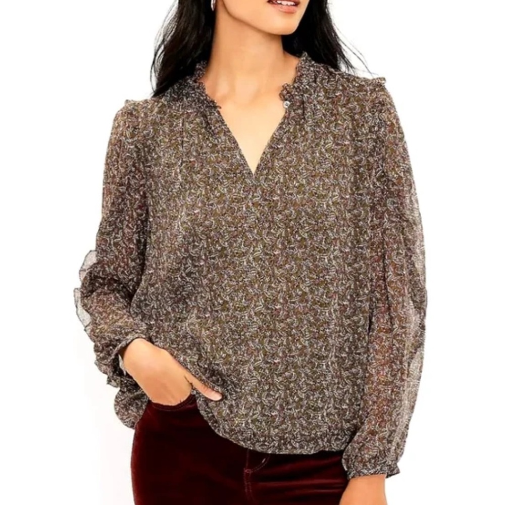 Loft Ruffle Sleeve Fall Floral Print Women's Split Neck Sheer Sleeve Blouse - XL